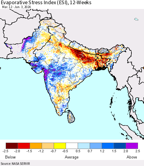 Southern Asia Evaporative Stress Index (ESI), 12-Weeks Thematic Map For 6/3/2024 - 6/9/2024