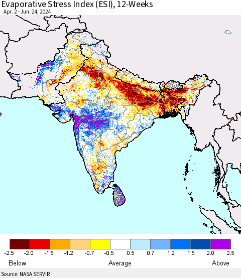 Southern Asia Evaporative Stress Index (ESI), 12-Weeks Thematic Map For 6/24/2024 - 6/30/2024