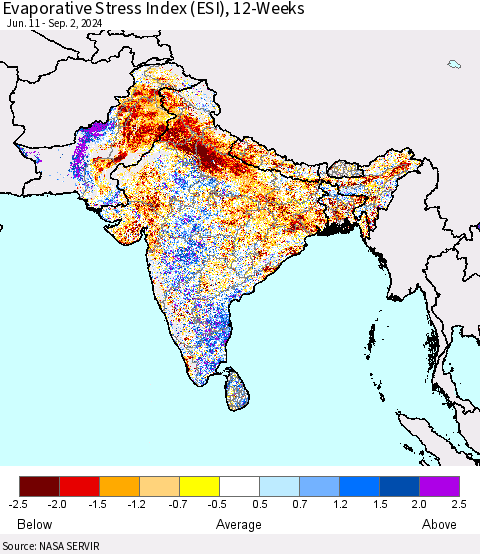 Southern Asia Evaporative Stress Index (ESI), 12-Weeks Thematic Map For 9/2/2024 - 9/8/2024