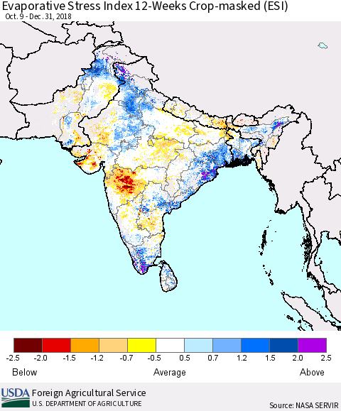 Southern Asia Evaporative Stress Index (ESI), 12-Weeks over Croplands Thematic Map For 12/31/2018 - 1/6/2019