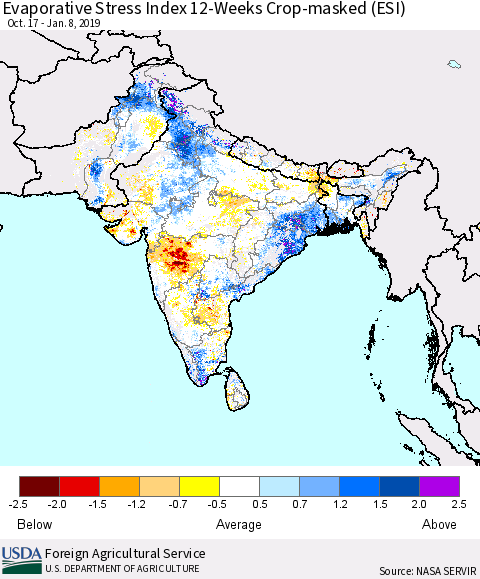 Southern Asia Evaporative Stress Index (ESI), 12-Weeks over Croplands Thematic Map For 1/7/2019 - 1/13/2019
