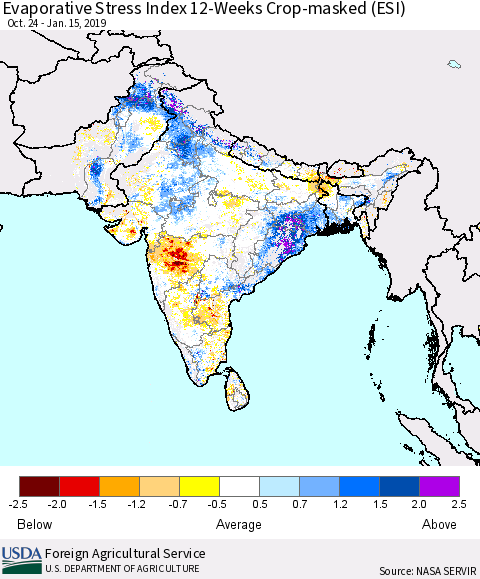 Southern Asia Evaporative Stress Index (ESI), 12-Weeks over Croplands Thematic Map For 1/14/2019 - 1/20/2019