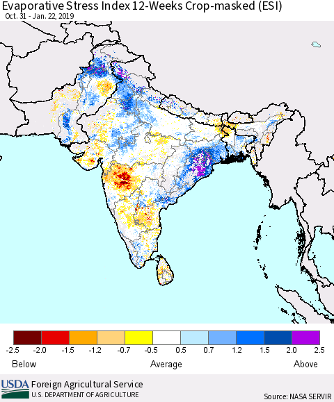 Southern Asia Evaporative Stress Index (ESI), 12-Weeks over Croplands Thematic Map For 1/21/2019 - 1/27/2019