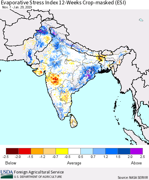 Southern Asia Evaporative Stress Index (ESI), 12-Weeks over Croplands Thematic Map For 1/28/2019 - 2/3/2019