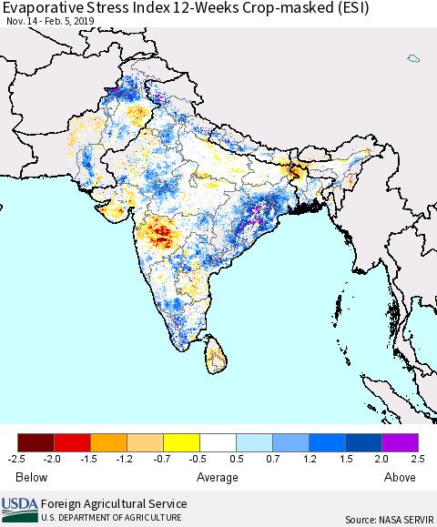 Southern Asia Evaporative Stress Index (ESI), 12-Weeks over Croplands Thematic Map For 2/4/2019 - 2/10/2019