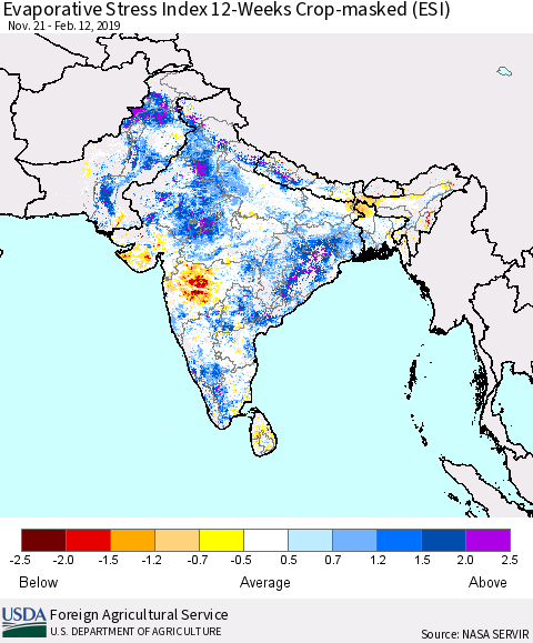 Southern Asia Evaporative Stress Index (ESI), 12-Weeks over Croplands Thematic Map For 2/11/2019 - 2/17/2019