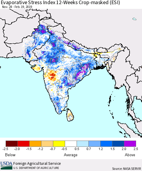 Southern Asia Evaporative Stress Index (ESI), 12-Weeks over Croplands Thematic Map For 2/18/2019 - 2/24/2019