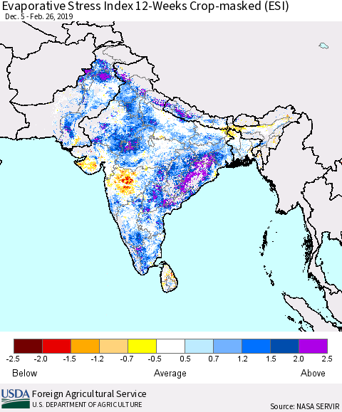 Southern Asia Evaporative Stress Index (ESI), 12-Weeks over Croplands Thematic Map For 2/25/2019 - 3/3/2019
