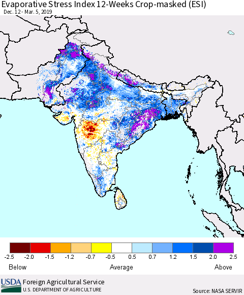 Southern Asia Evaporative Stress Index (ESI), 12-Weeks over Croplands Thematic Map For 3/4/2019 - 3/10/2019