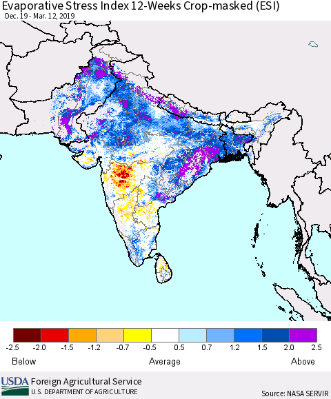 Southern Asia Evaporative Stress Index (ESI), 12-Weeks over Croplands Thematic Map For 3/11/2019 - 3/17/2019