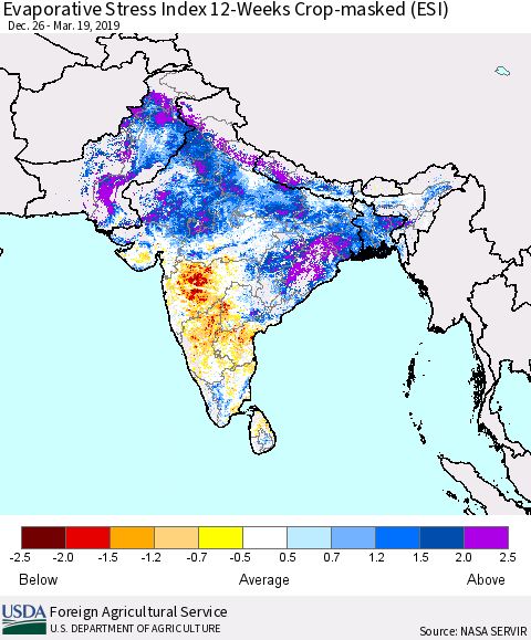 Southern Asia Evaporative Stress Index (ESI), 12-Weeks over Croplands Thematic Map For 3/18/2019 - 3/24/2019