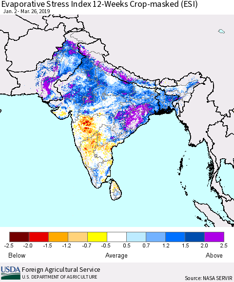 Southern Asia Evaporative Stress Index (ESI), 12-Weeks over Croplands Thematic Map For 3/25/2019 - 3/31/2019