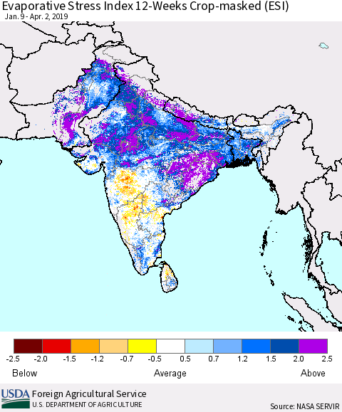 Southern Asia Evaporative Stress Index (ESI), 12-Weeks over Croplands Thematic Map For 4/1/2019 - 4/7/2019