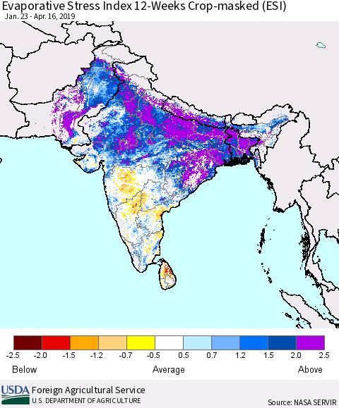 Southern Asia Evaporative Stress Index (ESI), 12-Weeks over Croplands Thematic Map For 4/15/2019 - 4/21/2019