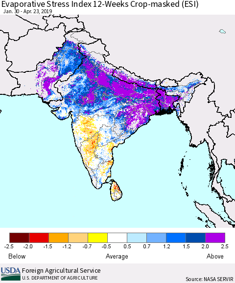 Southern Asia Evaporative Stress Index (ESI), 12-Weeks over Croplands Thematic Map For 4/22/2019 - 4/28/2019