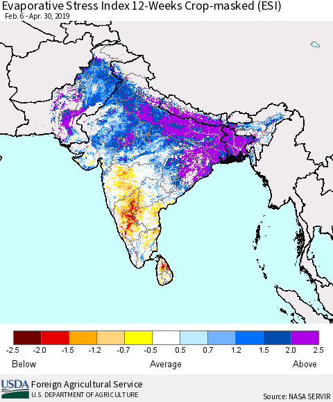 Southern Asia Evaporative Stress Index (ESI), 12-Weeks over Croplands Thematic Map For 4/29/2019 - 5/5/2019