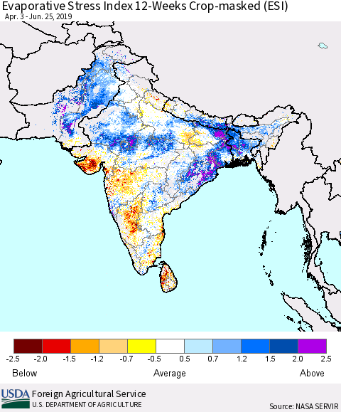 Southern Asia Evaporative Stress Index (ESI), 12-Weeks over Croplands Thematic Map For 6/24/2019 - 6/30/2019
