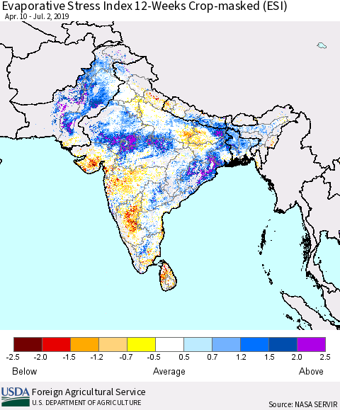 Southern Asia Evaporative Stress Index (ESI), 12-Weeks over Croplands Thematic Map For 7/1/2019 - 7/7/2019
