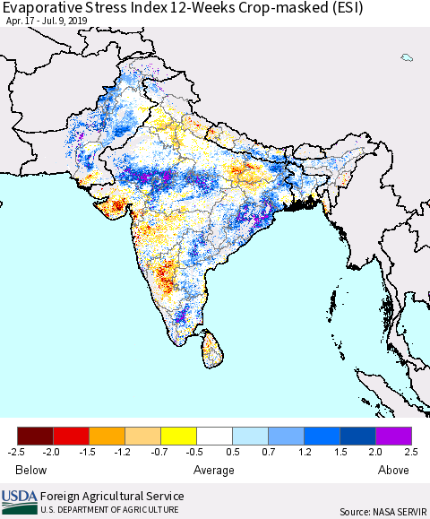 Southern Asia Evaporative Stress Index (ESI), 12-Weeks over Croplands Thematic Map For 7/8/2019 - 7/14/2019