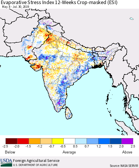 Southern Asia Evaporative Stress Index (ESI), 12-Weeks over Croplands Thematic Map For 7/29/2019 - 8/4/2019