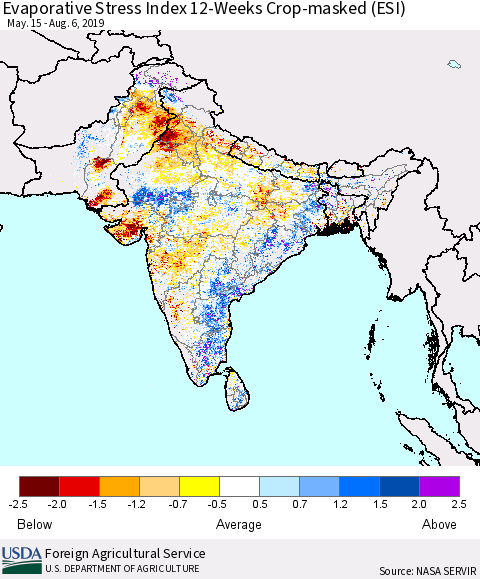 Southern Asia Evaporative Stress Index (ESI), 12-Weeks over Croplands Thematic Map For 8/5/2019 - 8/11/2019
