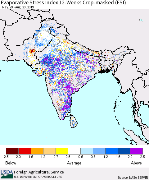 Southern Asia Evaporative Stress Index (ESI), 12-Weeks over Croplands Thematic Map For 8/19/2019 - 8/25/2019