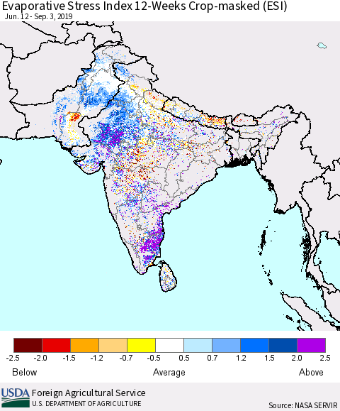 Southern Asia Evaporative Stress Index (ESI), 12-Weeks over Croplands Thematic Map For 9/2/2019 - 9/8/2019