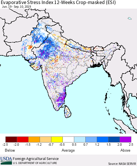 Southern Asia Evaporative Stress Index (ESI), 12-Weeks over Croplands Thematic Map For 9/9/2019 - 9/15/2019