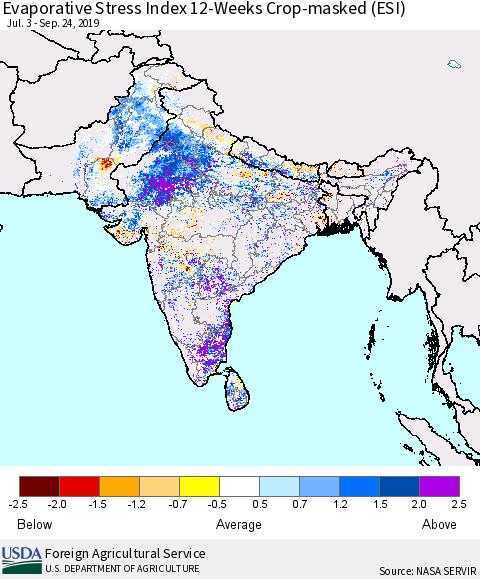 Southern Asia Evaporative Stress Index (ESI), 12-Weeks over Croplands Thematic Map For 9/23/2019 - 9/29/2019