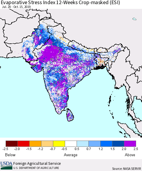 Southern Asia Evaporative Stress Index (ESI), 12-Weeks over Croplands Thematic Map For 10/14/2019 - 10/20/2019