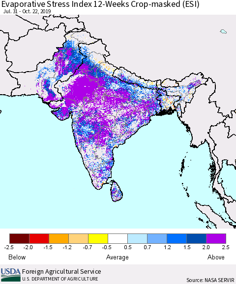 Southern Asia Evaporative Stress Index (ESI), 12-Weeks over Croplands Thematic Map For 10/21/2019 - 10/27/2019