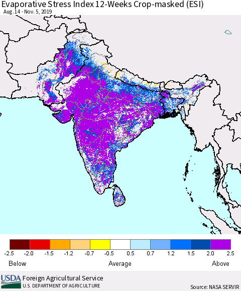 Southern Asia Evaporative Stress Index (ESI), 12-Weeks over Croplands Thematic Map For 11/4/2019 - 11/10/2019