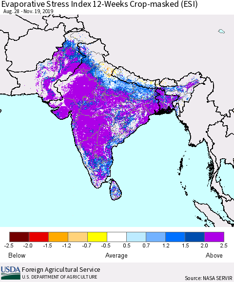 Southern Asia Evaporative Stress Index (ESI), 12-Weeks over Croplands Thematic Map For 11/18/2019 - 11/24/2019