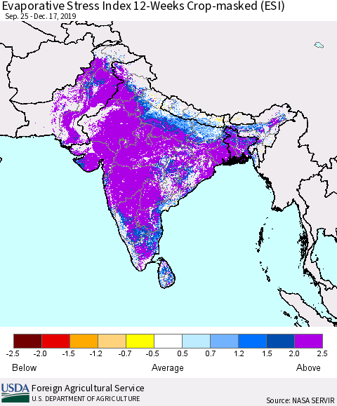 Southern Asia Evaporative Stress Index (ESI), 12-Weeks over Croplands Thematic Map For 12/16/2019 - 12/22/2019