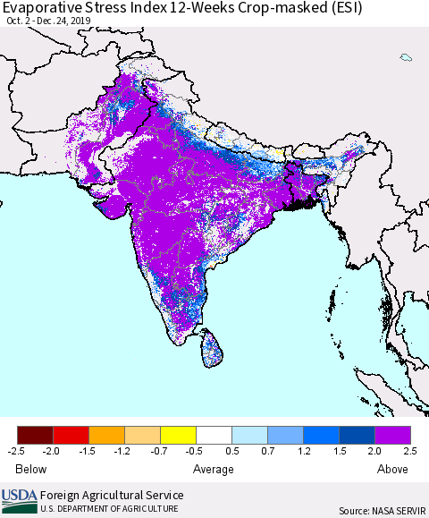 Southern Asia Evaporative Stress Index (ESI), 12-Weeks over Croplands Thematic Map For 12/23/2019 - 12/29/2019