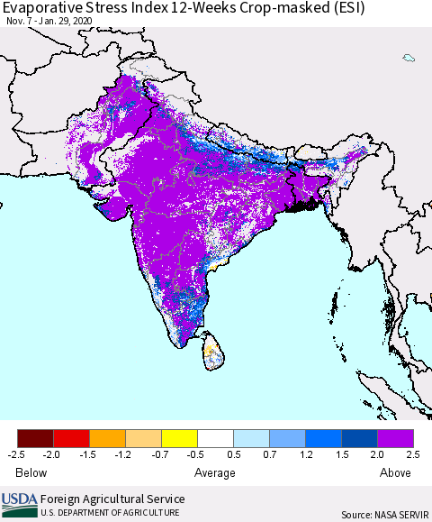 Southern Asia Evaporative Stress Index (ESI), 12-Weeks over Croplands Thematic Map For 1/27/2020 - 2/2/2020