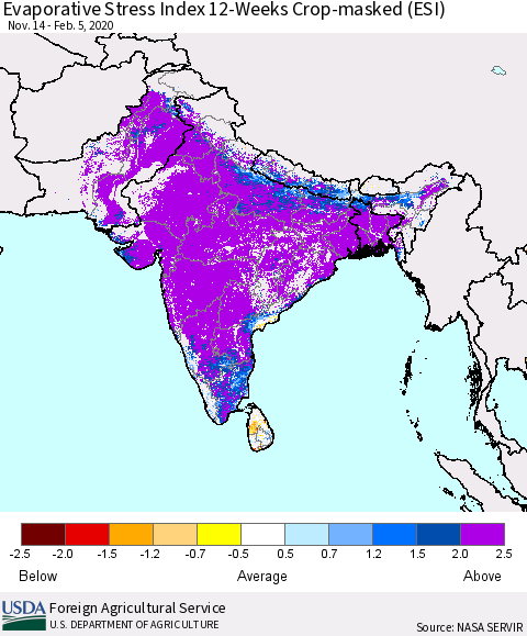 Southern Asia Evaporative Stress Index (ESI), 12-Weeks over Croplands Thematic Map For 2/3/2020 - 2/9/2020