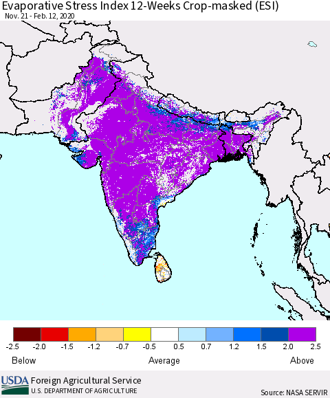 Southern Asia Evaporative Stress Index (ESI), 12-Weeks over Croplands Thematic Map For 2/10/2020 - 2/16/2020