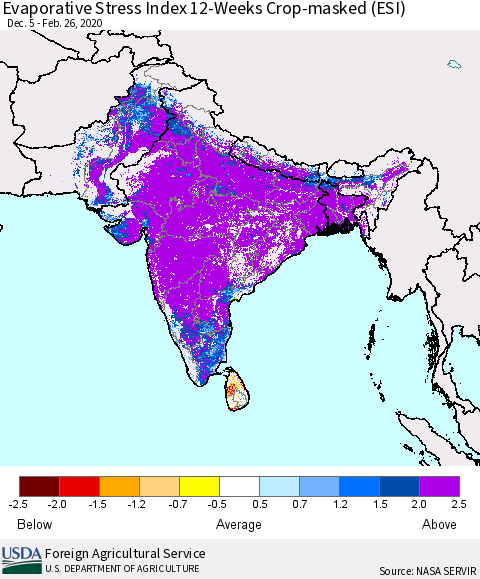 Southern Asia Evaporative Stress Index (ESI), 12-Weeks over Croplands Thematic Map For 2/24/2020 - 3/1/2020