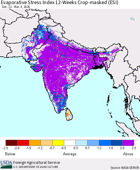 Southern Asia Evaporative Stress Index (ESI), 12-Weeks over Croplands Thematic Map For 3/2/2020 - 3/8/2020