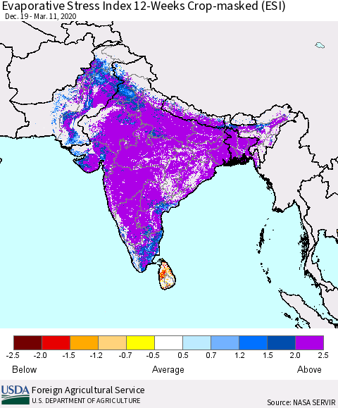 Southern Asia Evaporative Stress Index (ESI), 12-Weeks over Croplands Thematic Map For 3/9/2020 - 3/15/2020