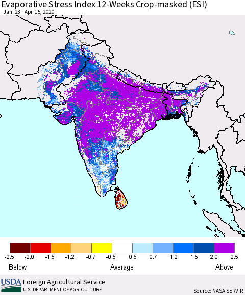 Southern Asia Evaporative Stress Index (ESI), 12-Weeks over Croplands Thematic Map For 4/13/2020 - 4/19/2020