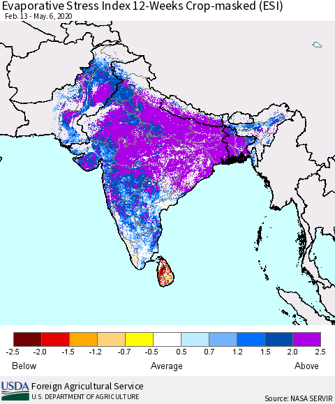 Southern Asia Evaporative Stress Index (ESI), 12-Weeks over Croplands Thematic Map For 5/4/2020 - 5/10/2020