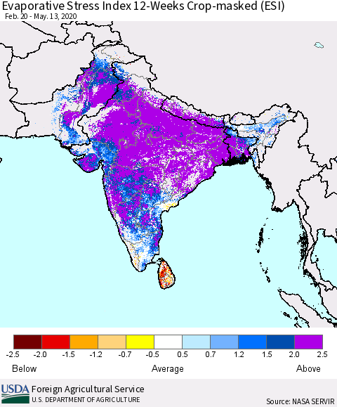 Southern Asia Evaporative Stress Index (ESI), 12-Weeks over Croplands Thematic Map For 5/11/2020 - 5/17/2020