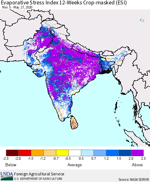 Southern Asia Evaporative Stress Index (ESI), 12-Weeks over Croplands Thematic Map For 5/25/2020 - 5/31/2020