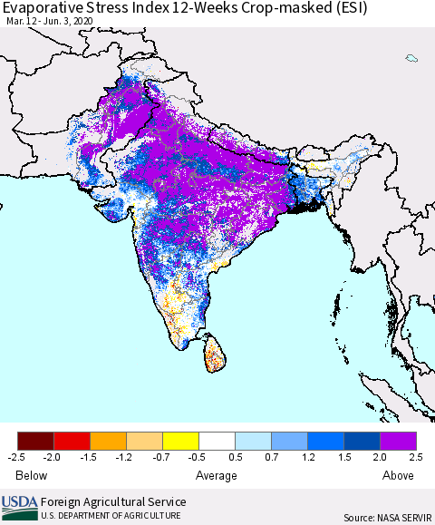 Southern Asia Evaporative Stress Index (ESI), 12-Weeks over Croplands Thematic Map For 6/1/2020 - 6/7/2020