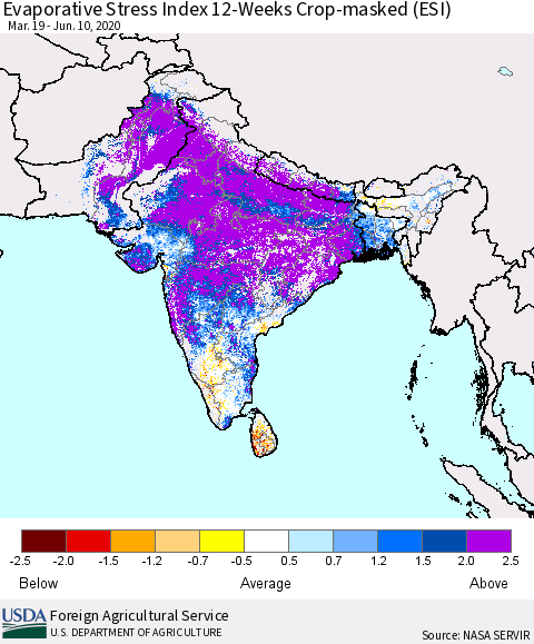 Southern Asia Evaporative Stress Index (ESI), 12-Weeks over Croplands Thematic Map For 6/8/2020 - 6/14/2020