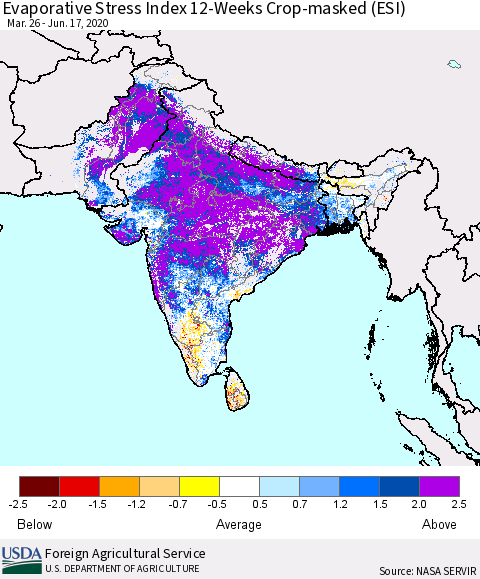 Southern Asia Evaporative Stress Index (ESI), 12-Weeks over Croplands Thematic Map For 6/15/2020 - 6/21/2020