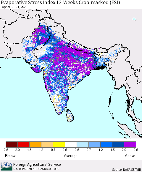Southern Asia Evaporative Stress Index (ESI), 12-Weeks over Croplands Thematic Map For 6/29/2020 - 7/5/2020