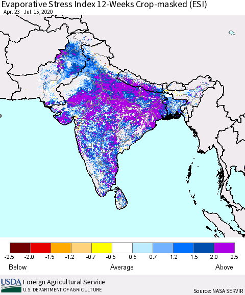 Southern Asia Evaporative Stress Index (ESI), 12-Weeks over Croplands Thematic Map For 7/13/2020 - 7/19/2020